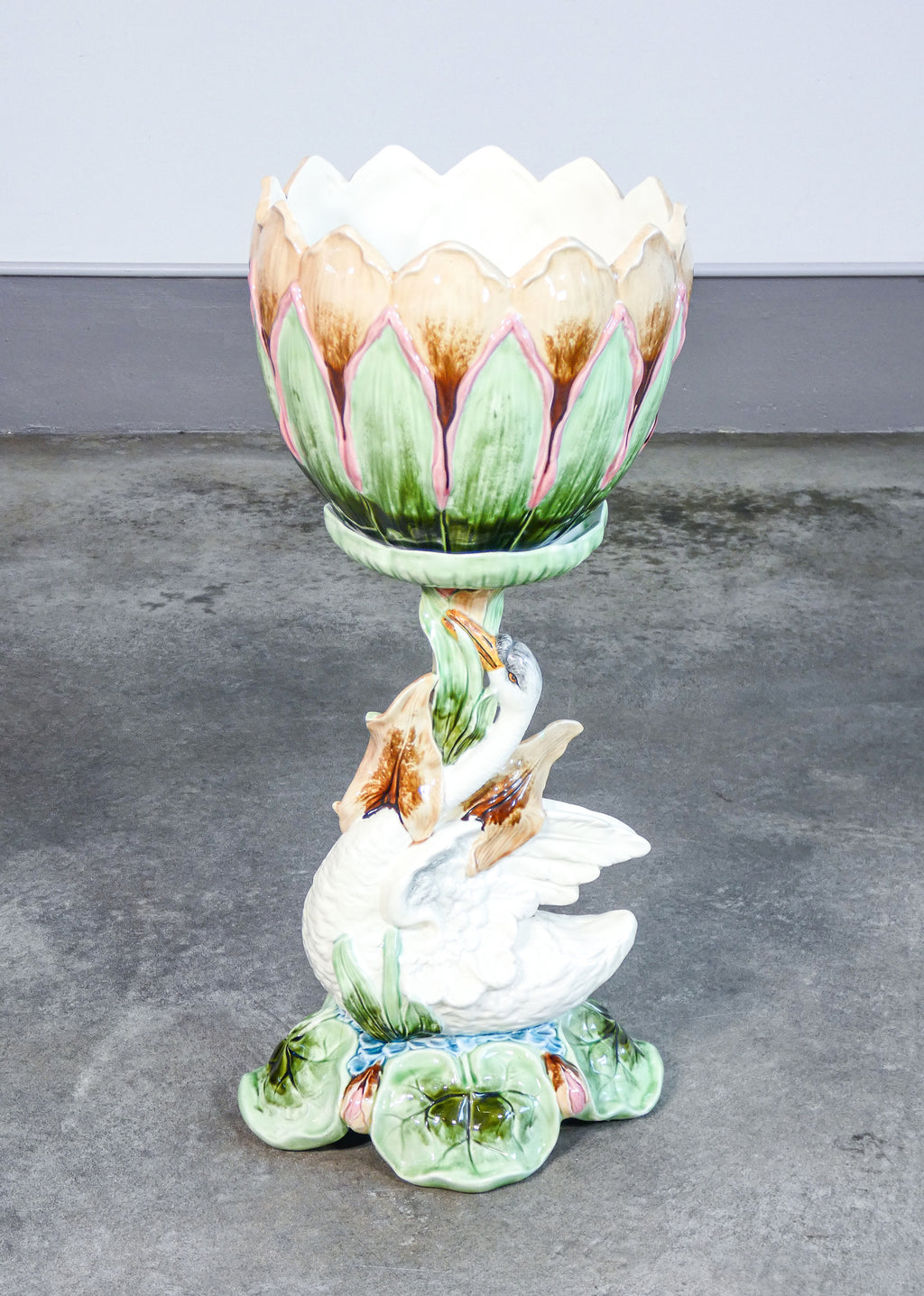 cachepot grande vaso basamento scultura cigno ceramica dipinta germania