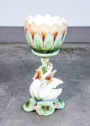 cachepot grande vaso basamento scultura cigno ceramica dipinta germania