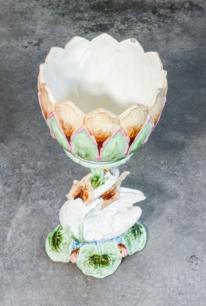 cachepot grande vaso basamento scultura cigno ceramica dipinta germania