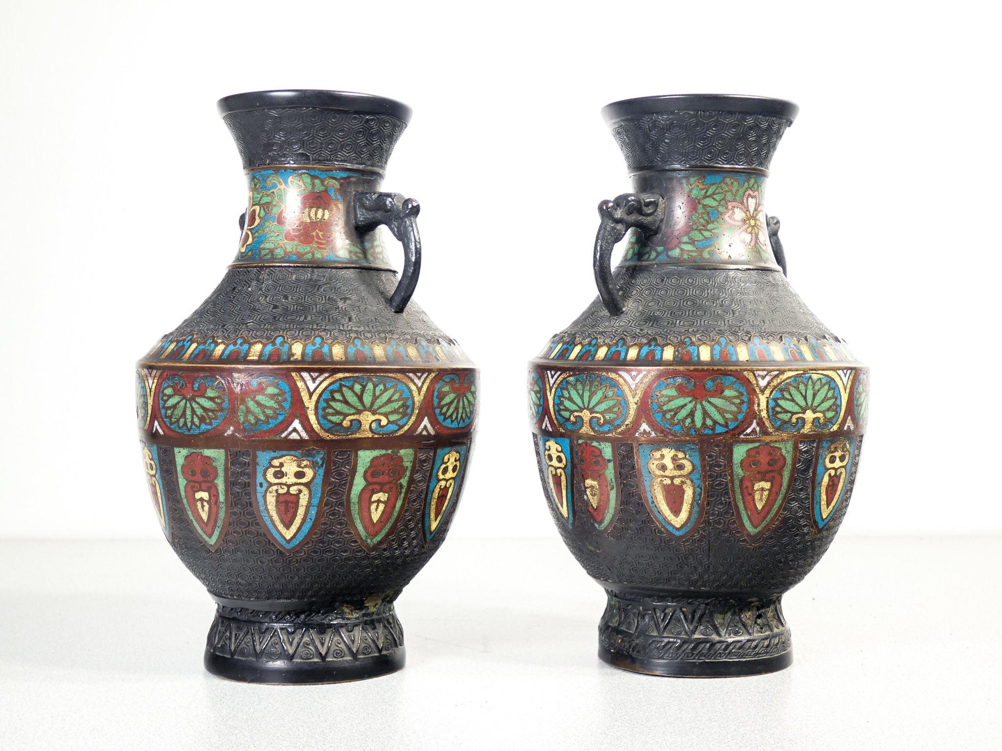 coppia vasi giappone champleve cloisonne bronzo smalto epoca xx sec antica