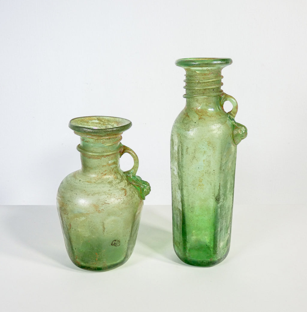 coppia vasi vetro soffiato finitura scavo antichizzato verde oliva epoca