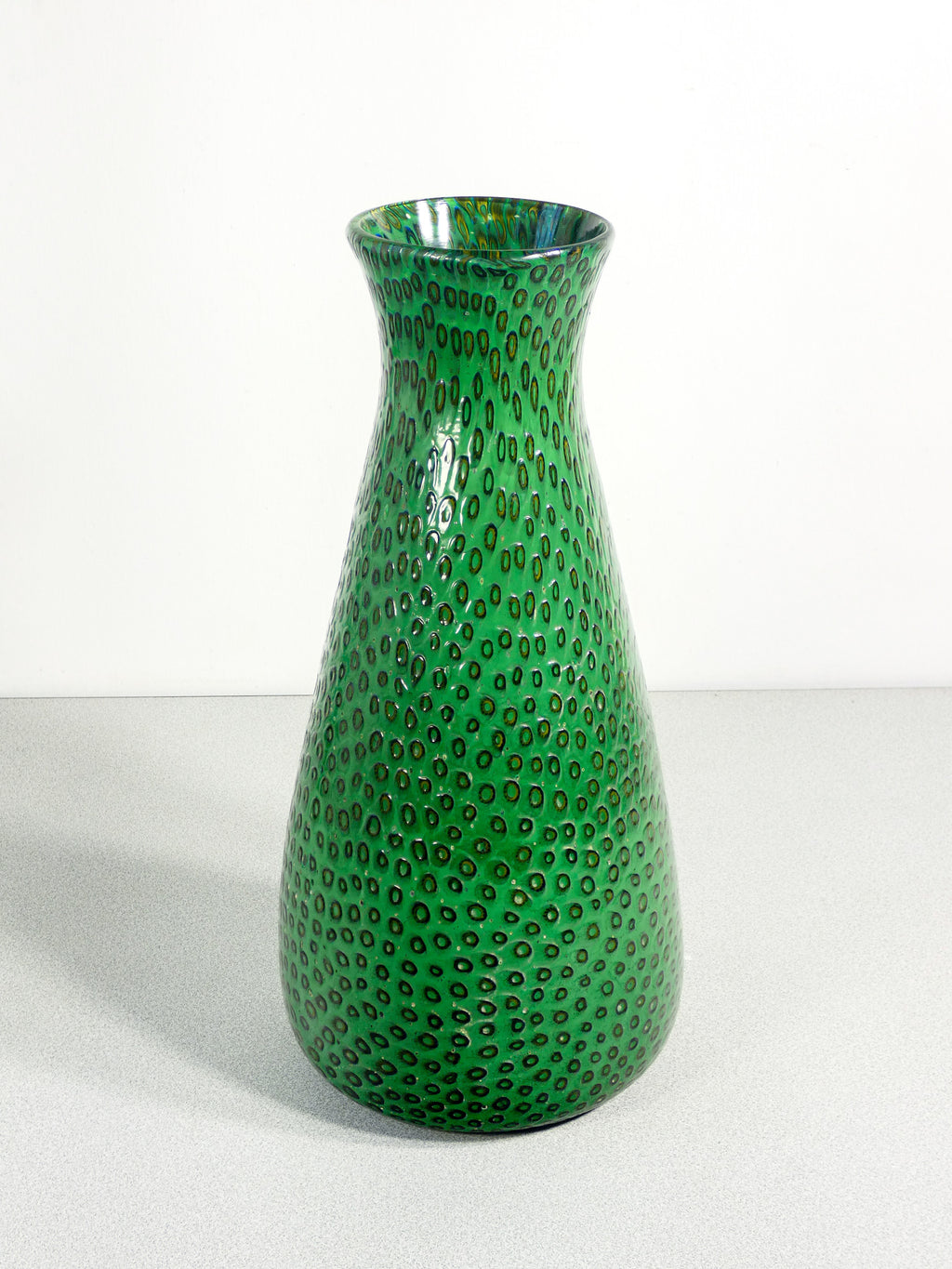 grande vaso design ermanno toso vetro soffiato verde murano murrine 1970s