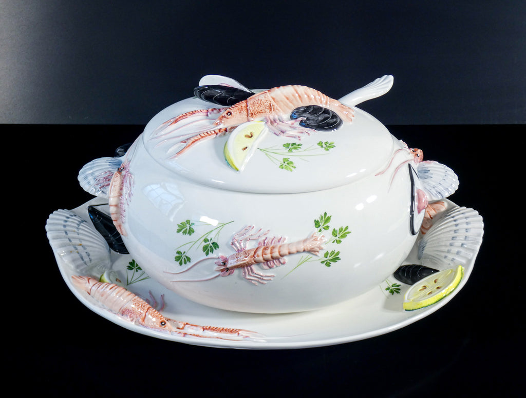 grande zuppiera vassoio tre art porcellana servizio aragosta pesce cozze