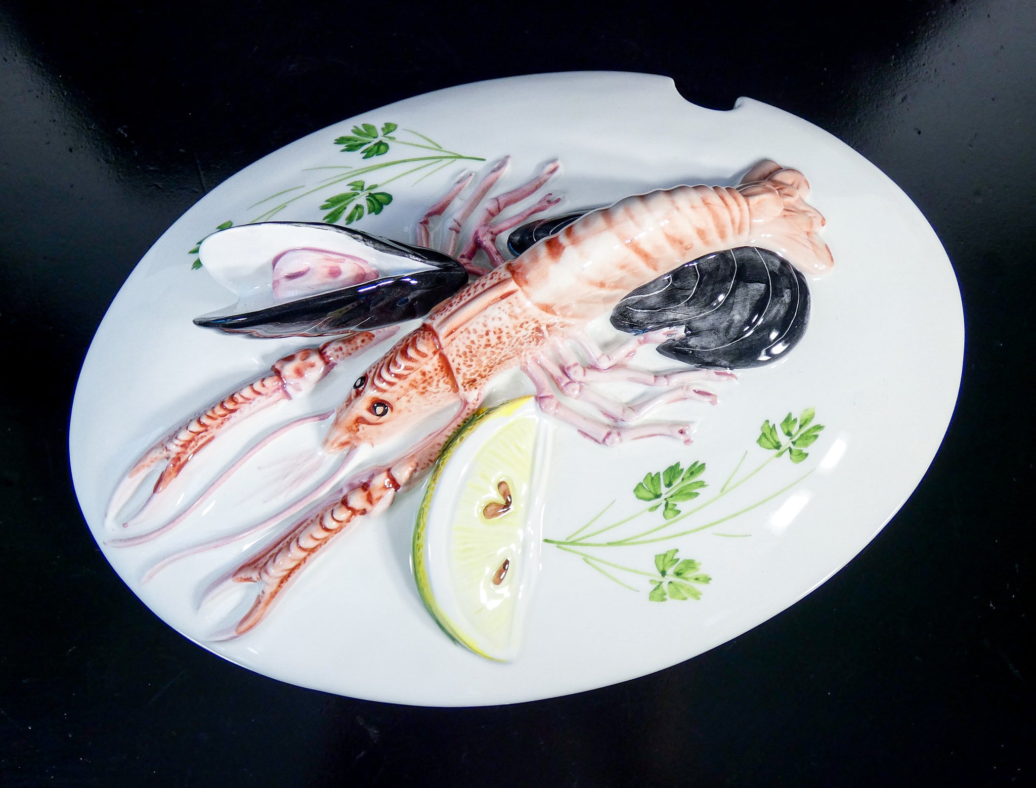 grande zuppiera vassoio tre art porcellana servizio aragosta pesce cozze