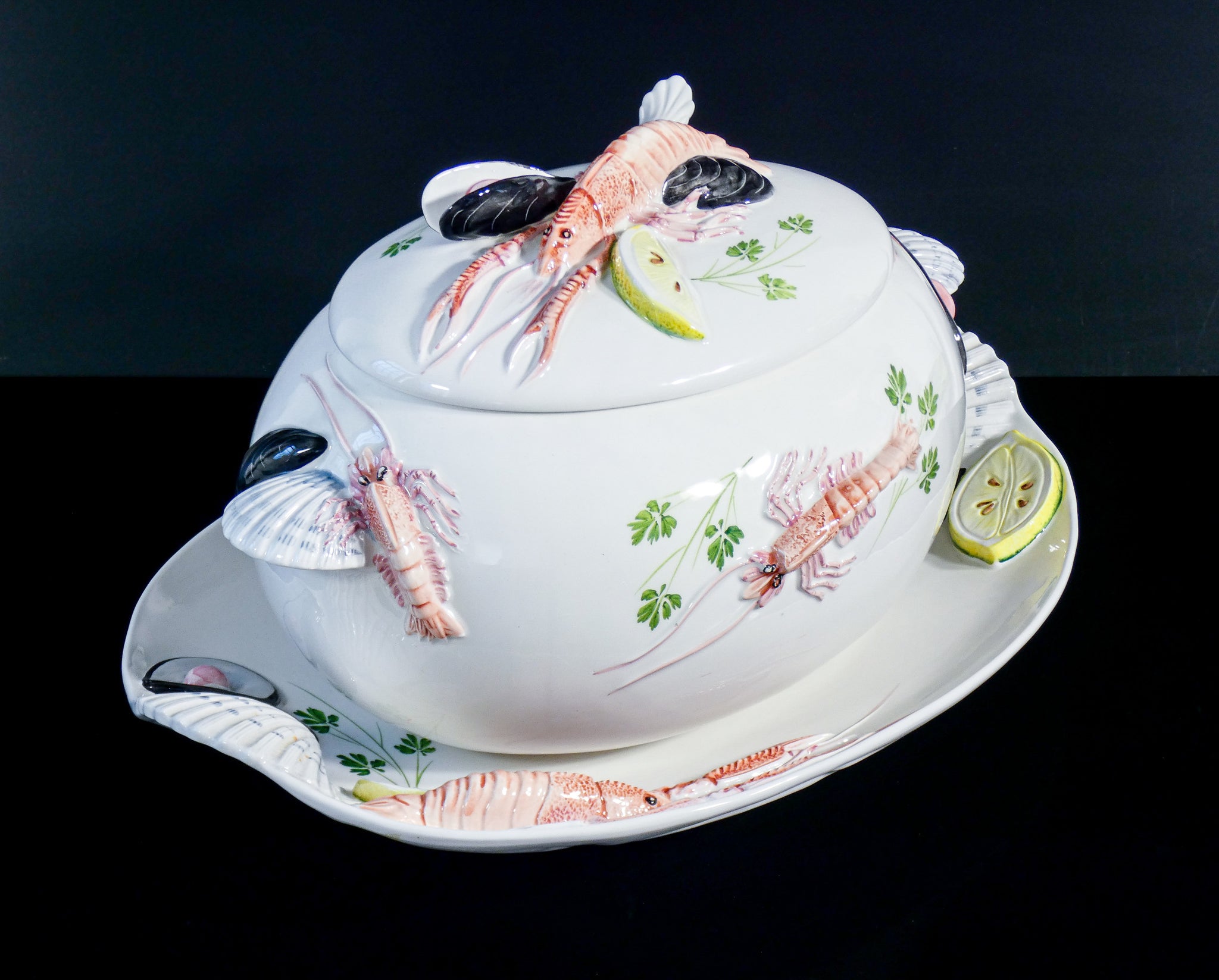 grande zuppiera vassoio tre art porcellana servizio aragosta pesce cozze