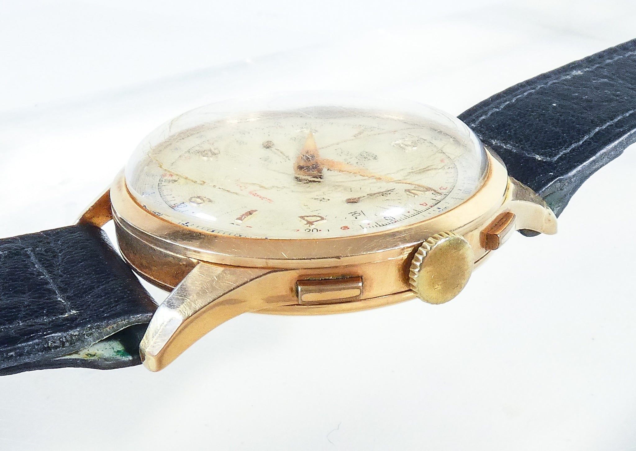orologio polso cronografo conteas cassa oro 18k cal landeron 48 vintage watch