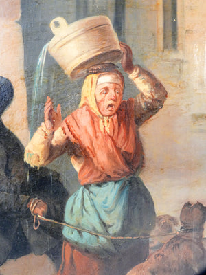 quadro epoca 1800 dipinto olio tela scena umoristica cornice dorata antico