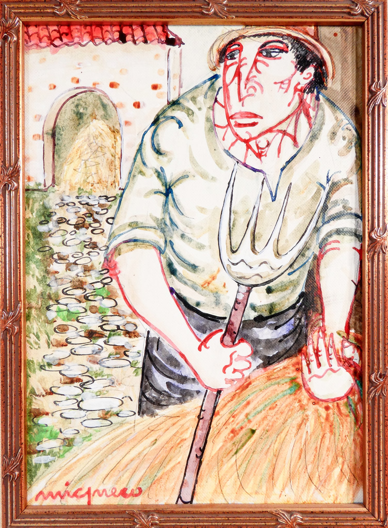 quadro giuseppe migneco contadino 1990 dipinto china tela archivio autentica