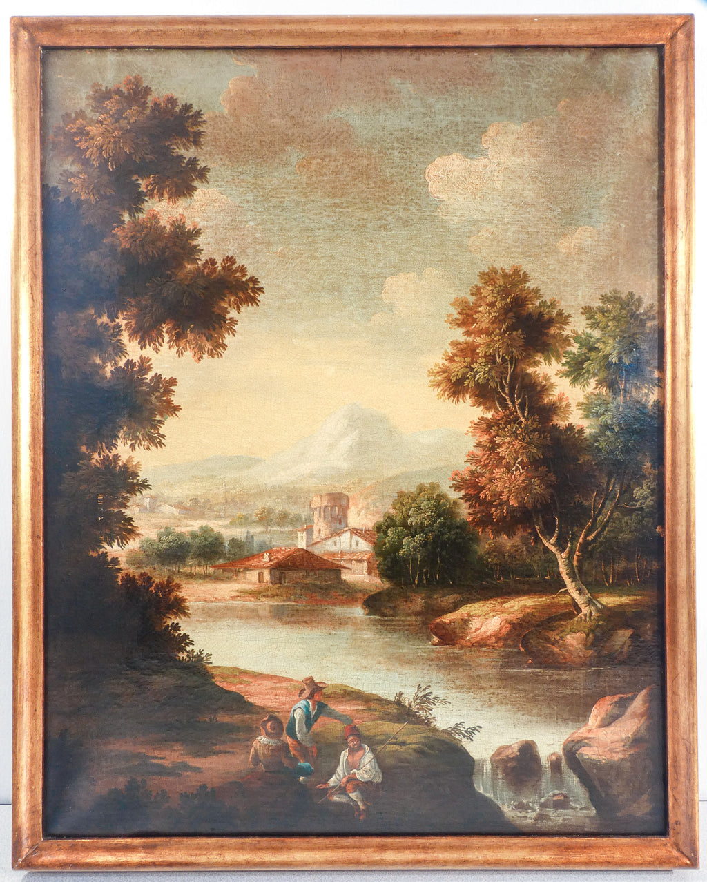 quadro paesaggio bucolico epoca 1700 fiume montagna dipinto olio tela antico