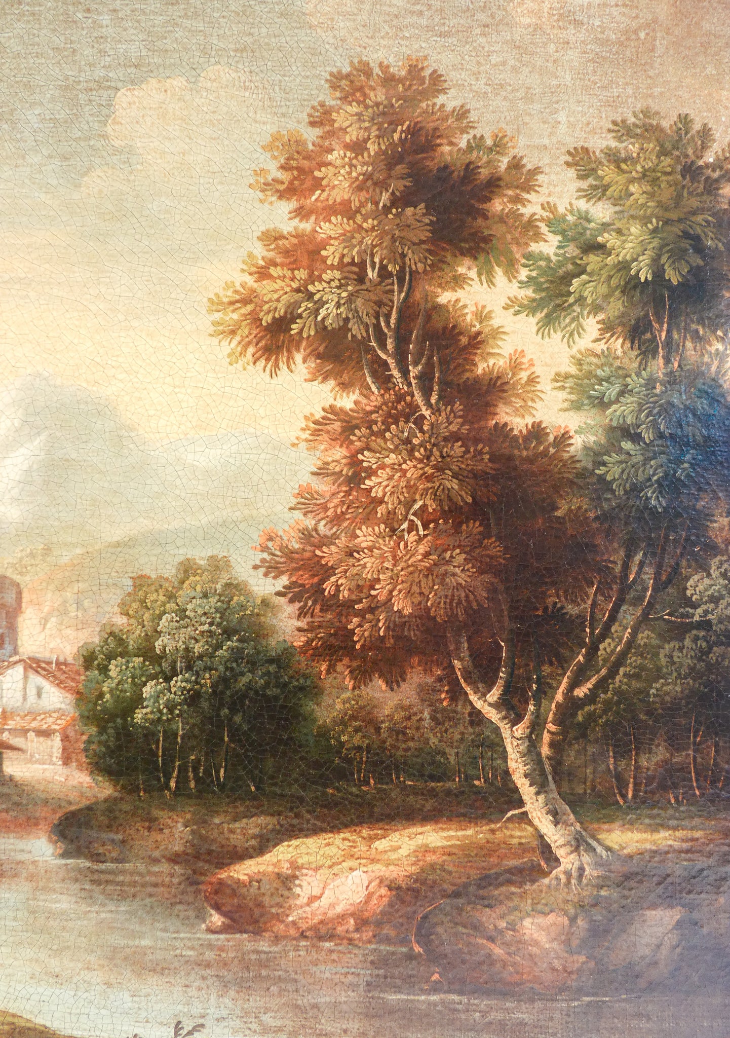 quadro paesaggio bucolico epoca 1700 fiume montagna dipinto olio tela antico