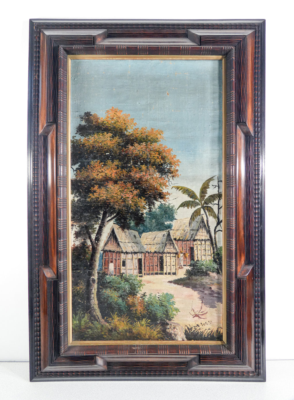 quadro paesaggio esotico cornice guilloche legno dipinto olio tela epoca