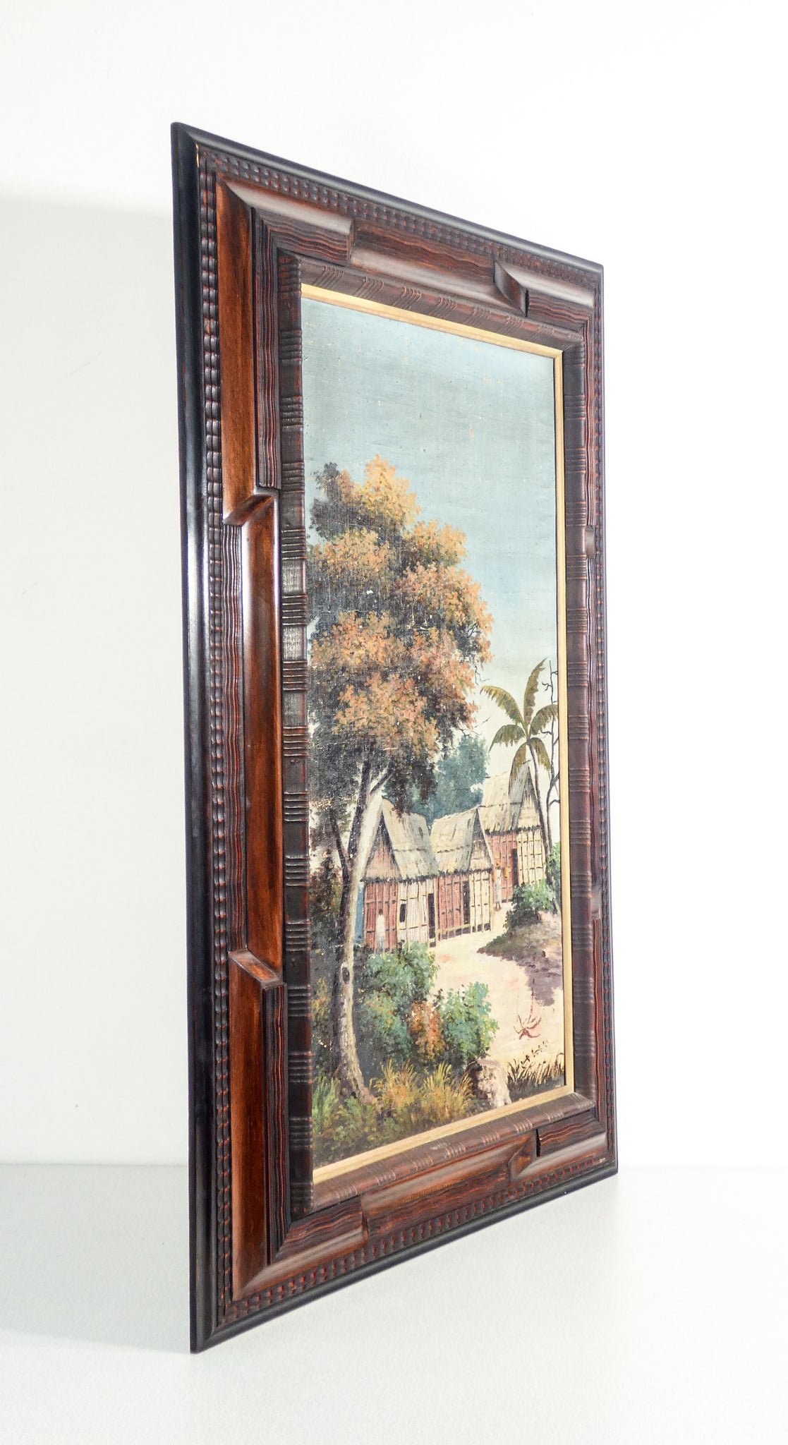 quadro paesaggio esotico cornice guilloche legno dipinto olio tela epoca