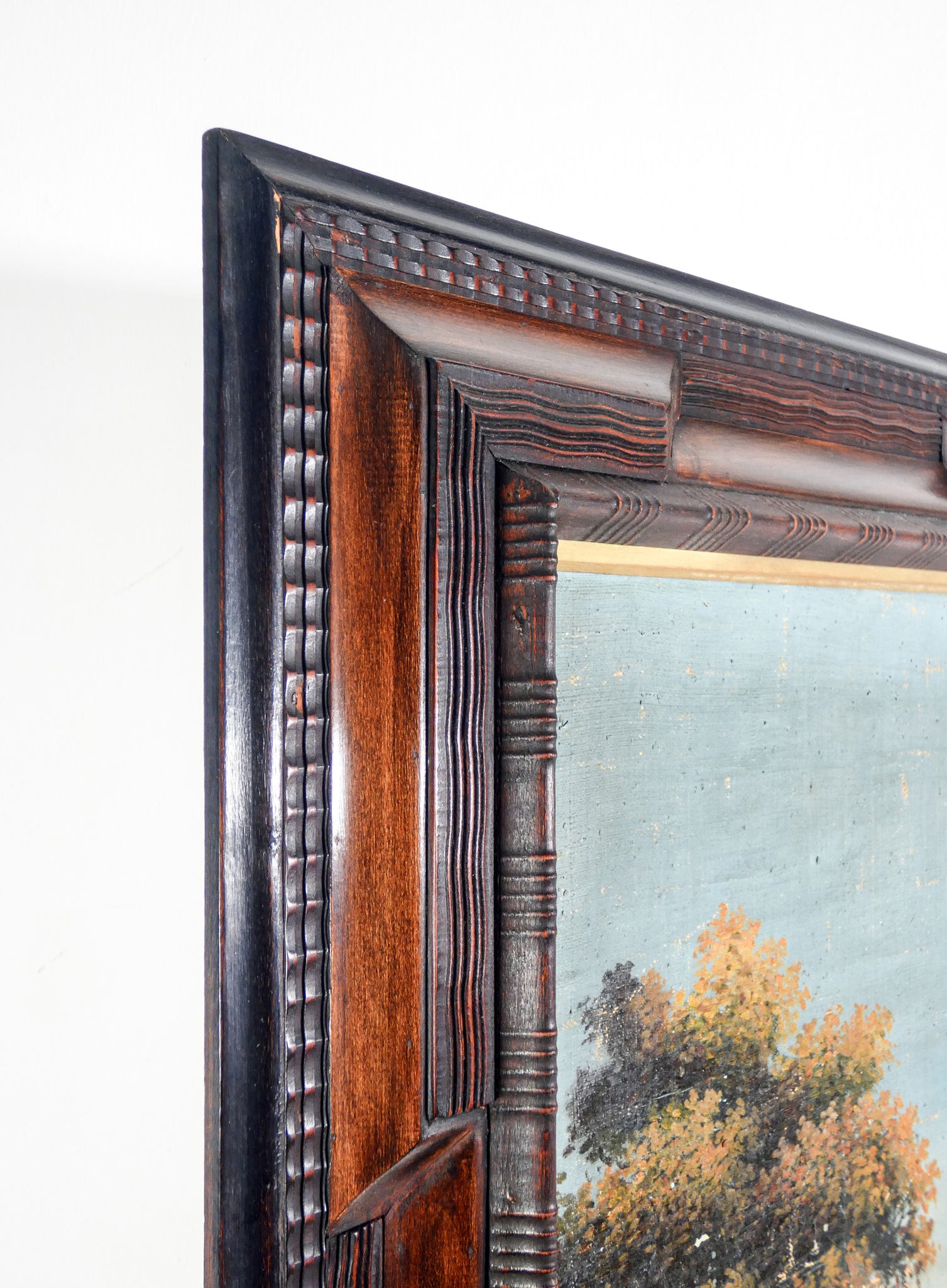 quadro paesaggio esotico cornice guilloche legno dipinto olio tela epoca