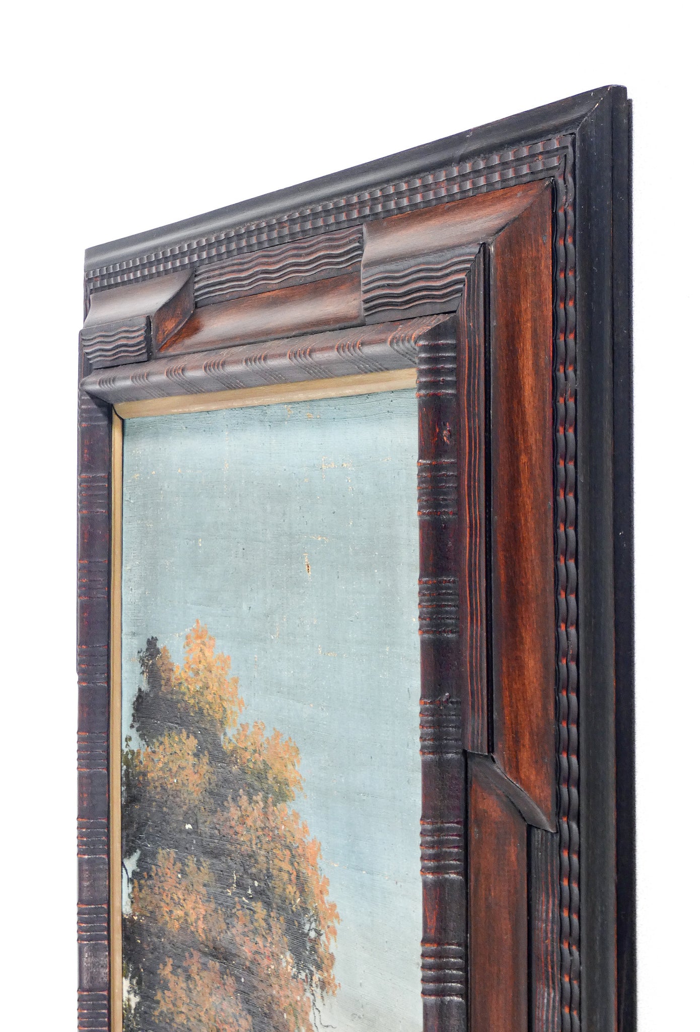 quadro paesaggio esotico cornice guilloche legno dipinto olio tela epoca