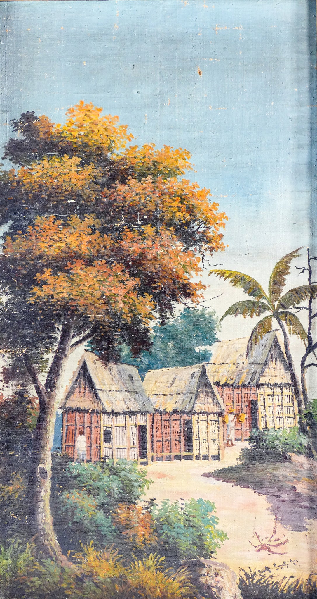 quadro paesaggio esotico cornice guilloche legno dipinto olio tela epoca