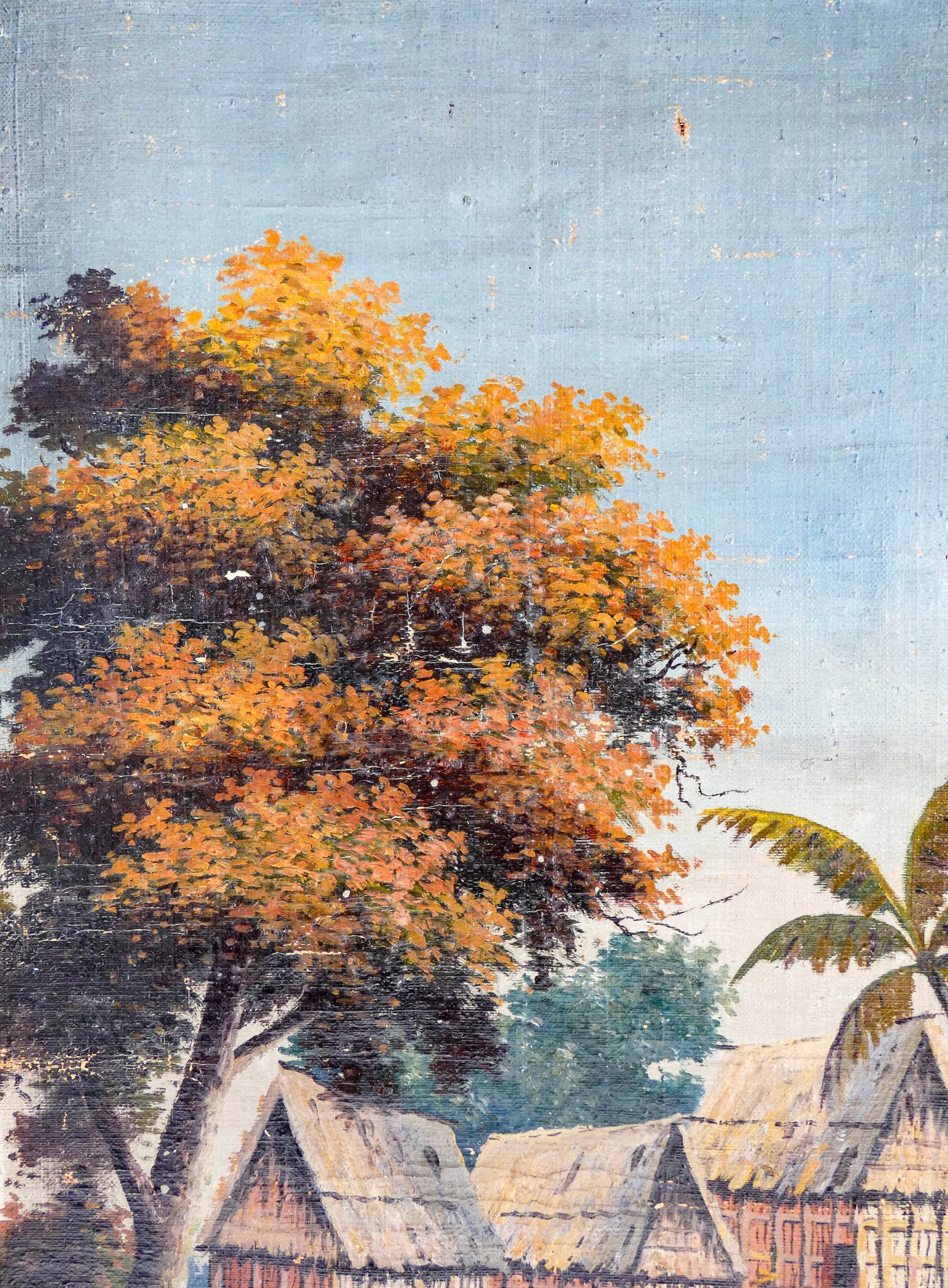 quadro paesaggio esotico cornice guilloche legno dipinto olio tela epoca