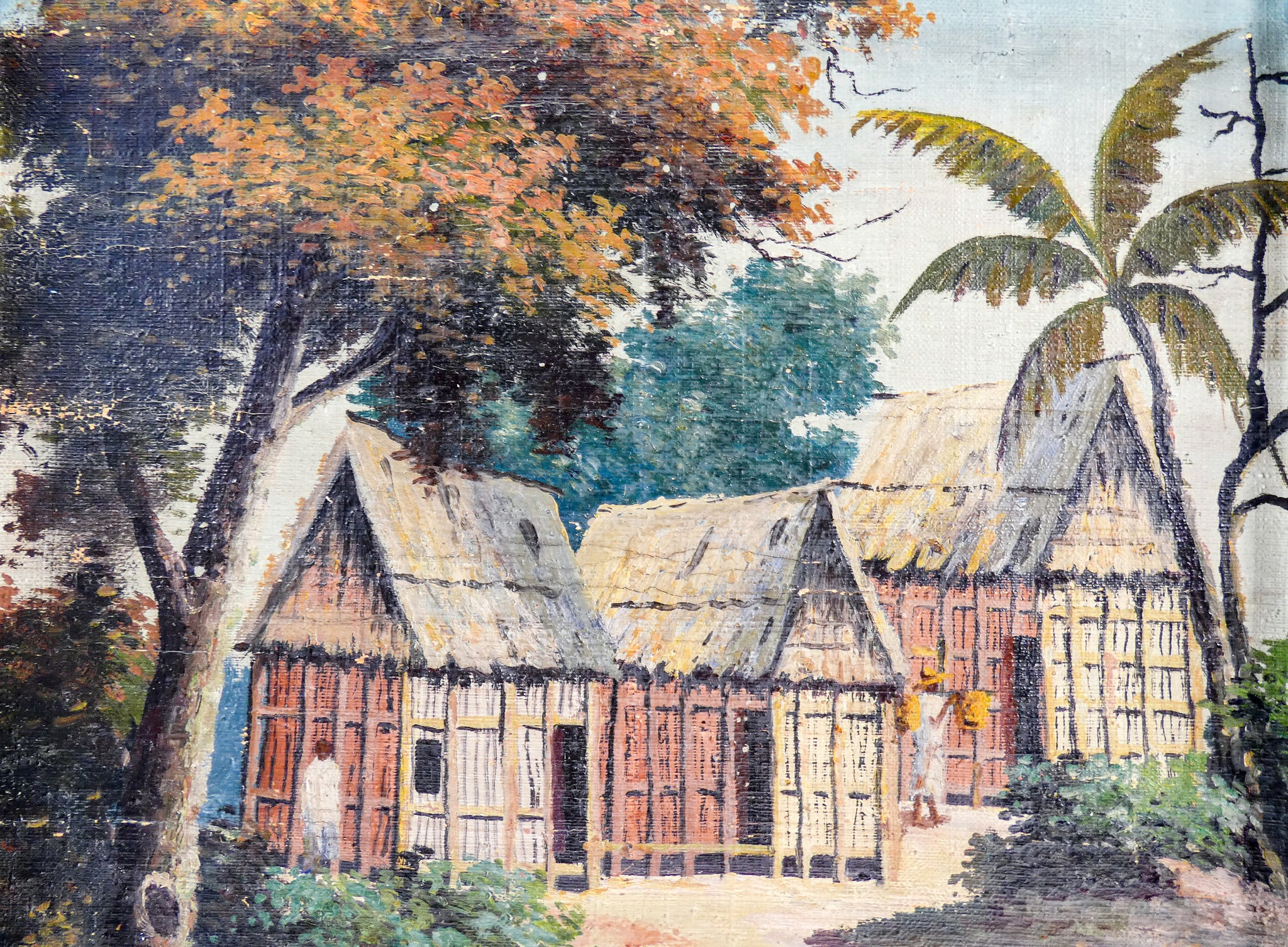 quadro paesaggio esotico cornice guilloche legno dipinto olio tela epoca