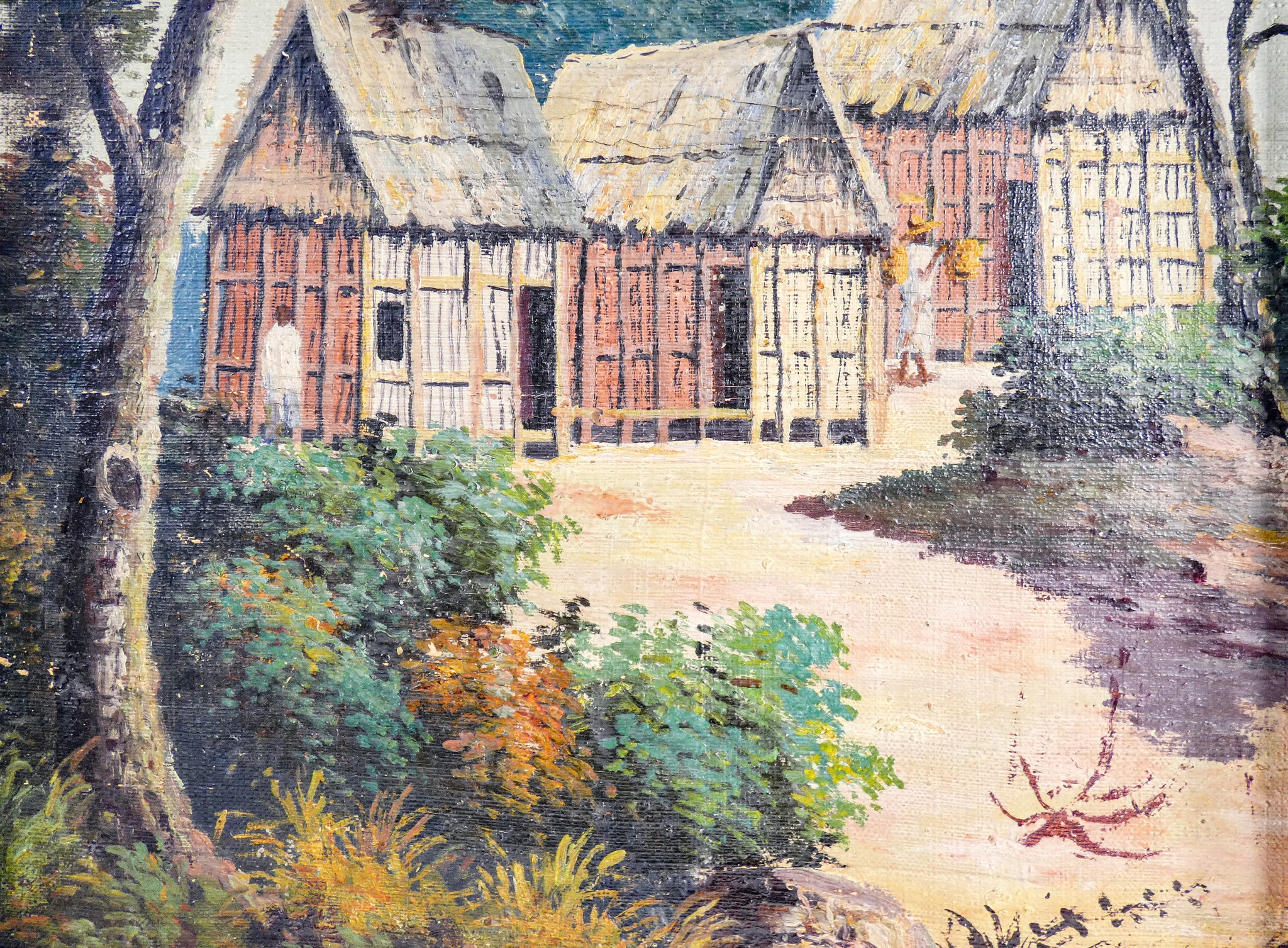 quadro paesaggio esotico cornice guilloche legno dipinto olio tela epoca