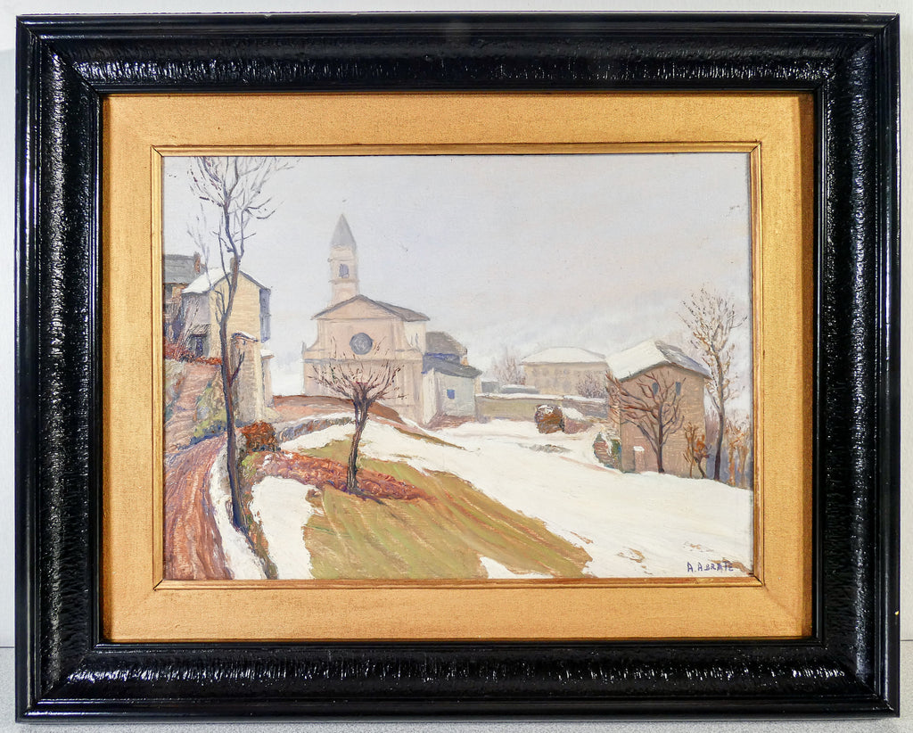 quadro paesaggio firma angelo abrate 1940s giaveno chiesa maddalena dipinto olio