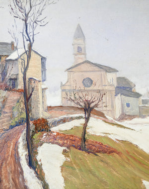 quadro paesaggio firma angelo abrate 1940s giaveno chiesa maddalena dipinto olio