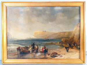 quadro pescatori spiaggia marina scogliera inghilterra 1800 dipinto olio tela