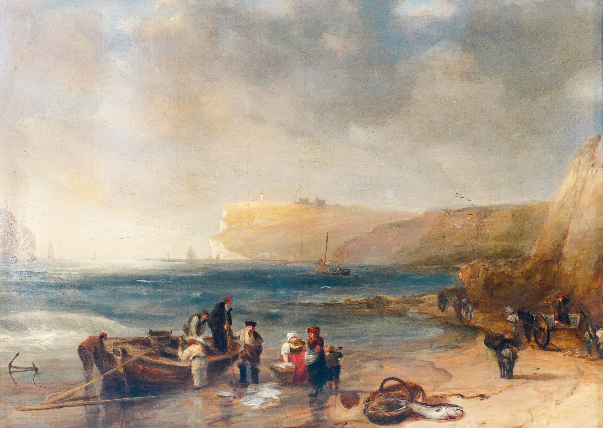 quadro pescatori spiaggia marina scogliera inghilterra 1800 dipinto olio tela