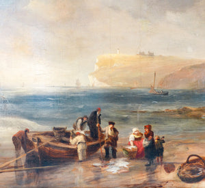 quadro pescatori spiaggia marina scogliera inghilterra 1800 dipinto olio tela