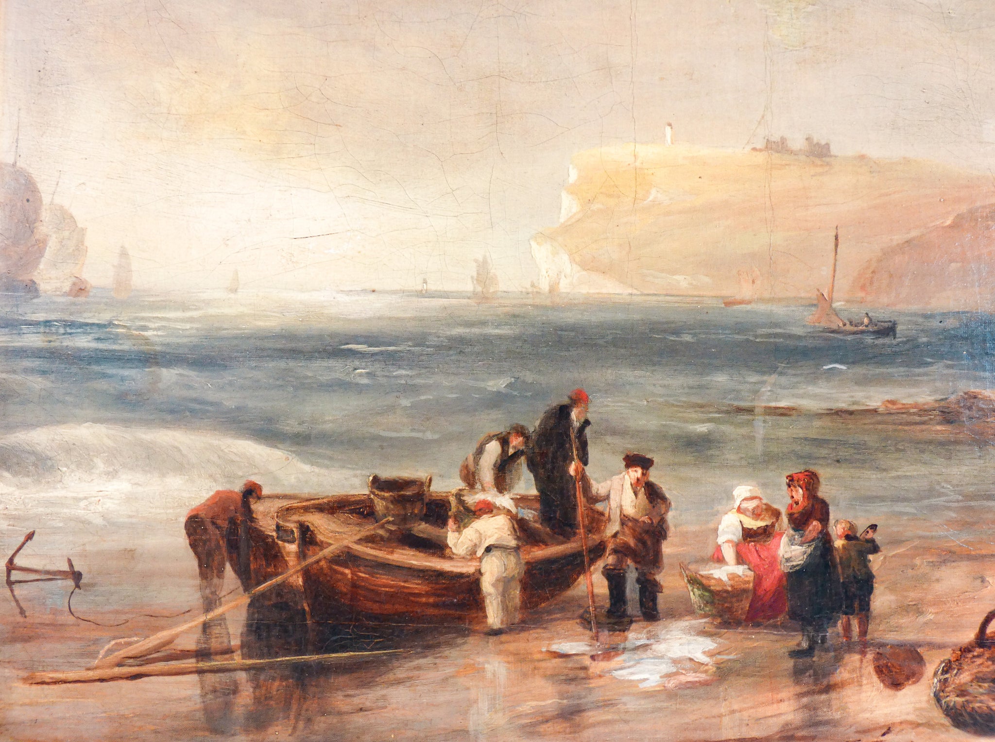 quadro pescatori spiaggia marina scogliera inghilterra 1800 dipinto olio tela
