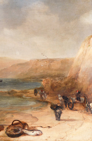 quadro pescatori spiaggia marina scogliera inghilterra 1800 dipinto olio tela