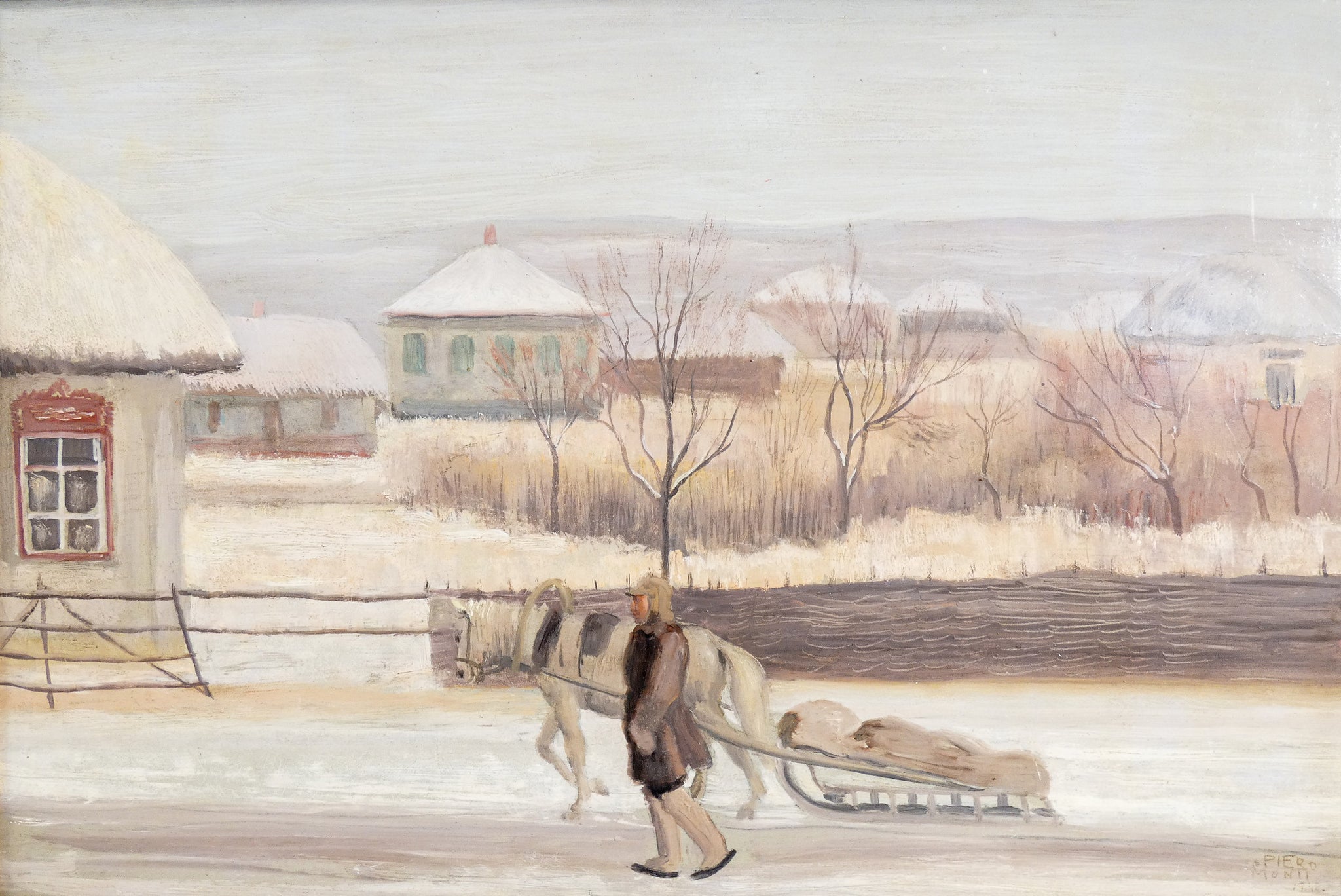 quadro piero monti paesaggio russia neve epoca 1942 dipinto olio tavola