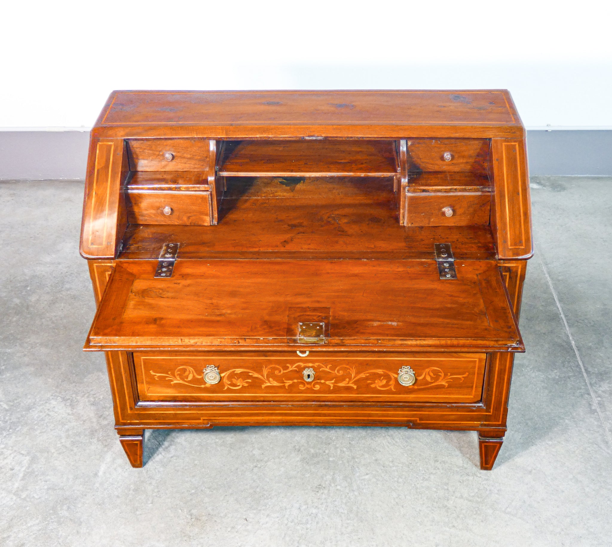 ribalta secretaire luigi xvi legno noce intarsiato epoca 1700 cassetti antica