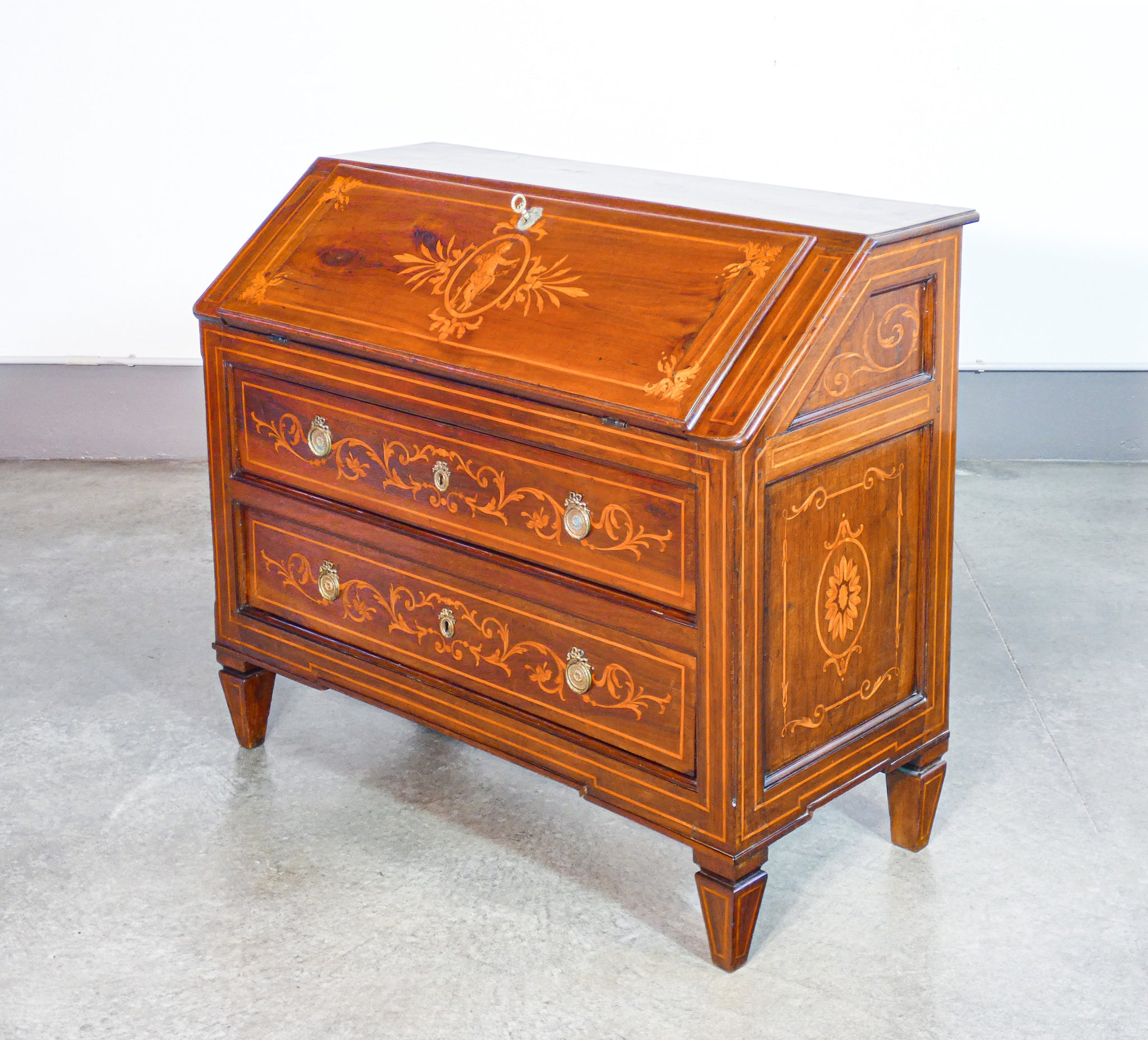 ribalta secretaire luigi xvi legno noce intarsiato epoca 1700 cassetti antica