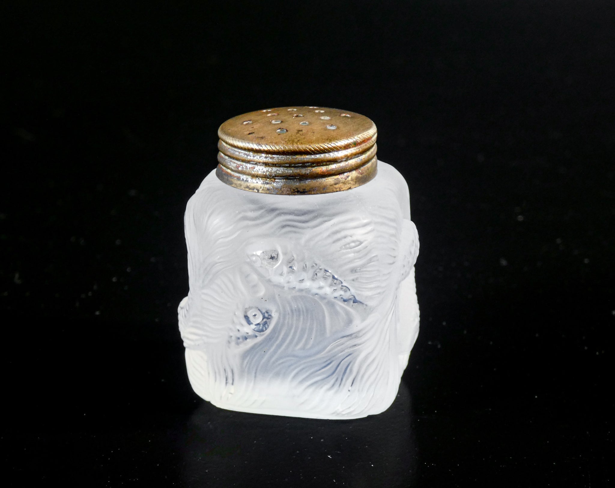 saliera pepiera stile lalique formose vetro bassorilevo pesci carpe koi