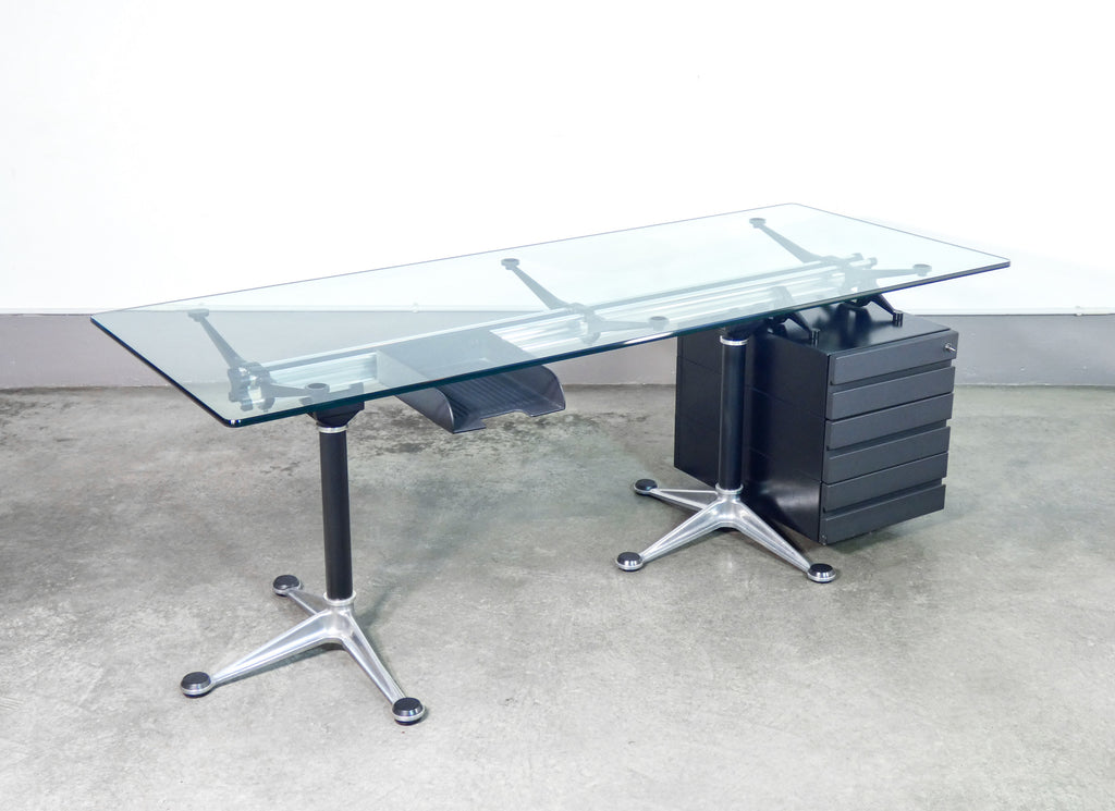 scrivania design bruce burdick per herman miller tavolo vetro alluminio 1980s