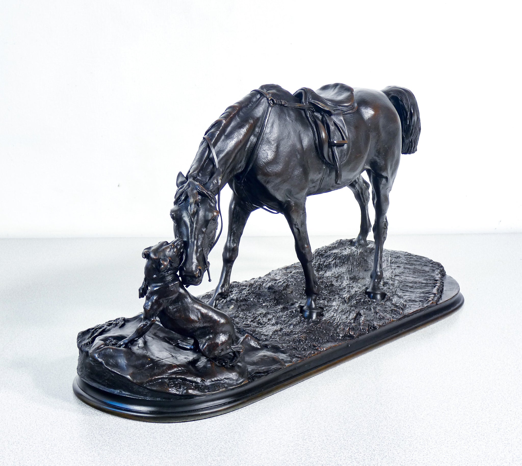 scultura bronzo pierre jules mene cavallo giumenta cane statua epoca 1800