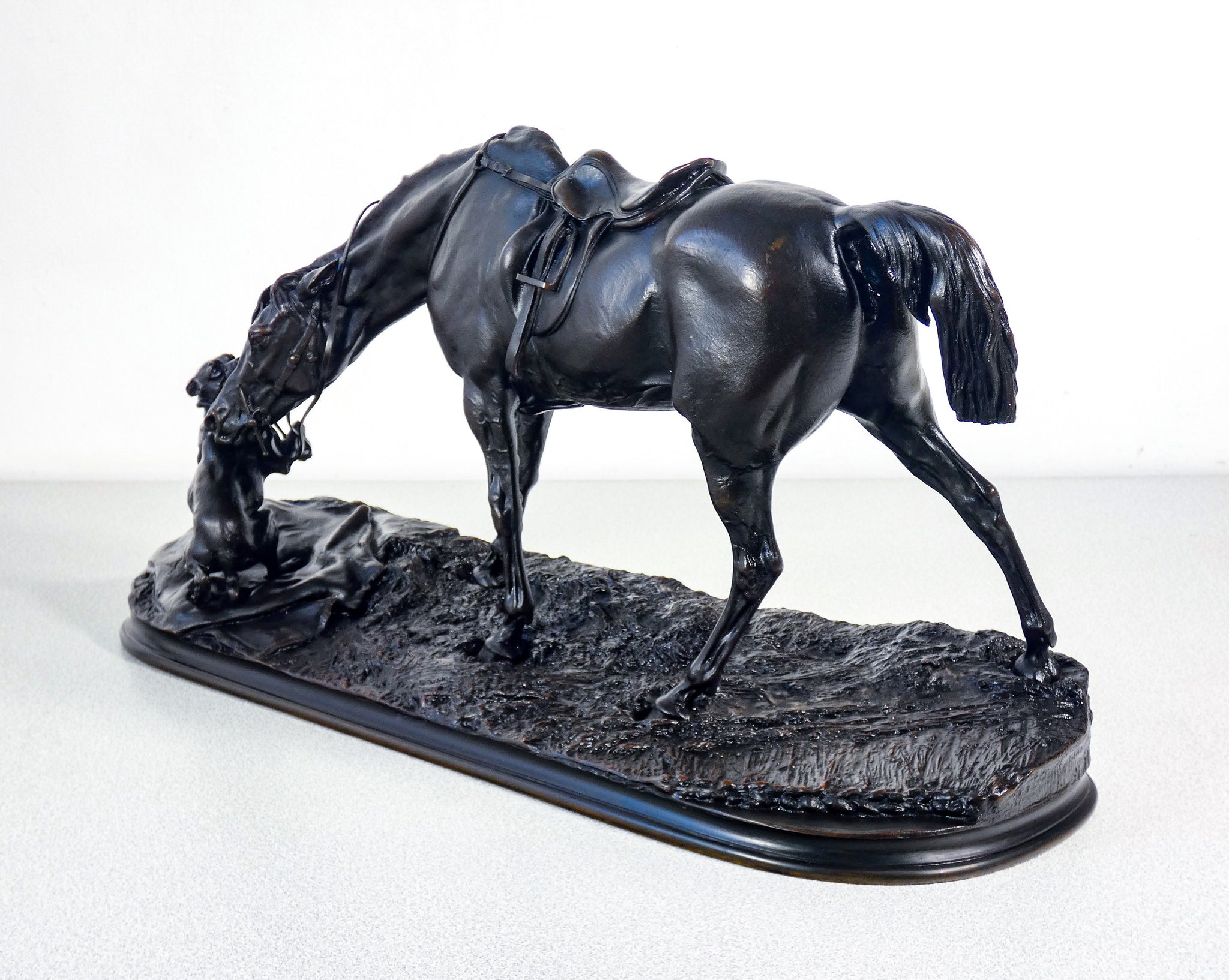 scultura bronzo pierre jules mene cavallo giumenta cane statua epoca 1800