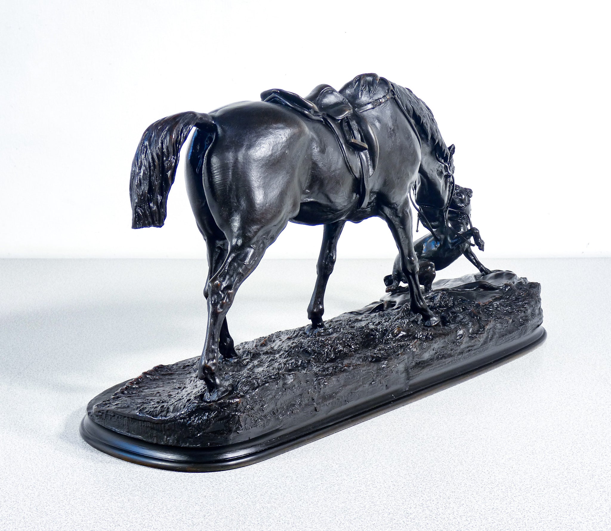 scultura bronzo pierre jules mene cavallo giumenta cane statua epoca 1800