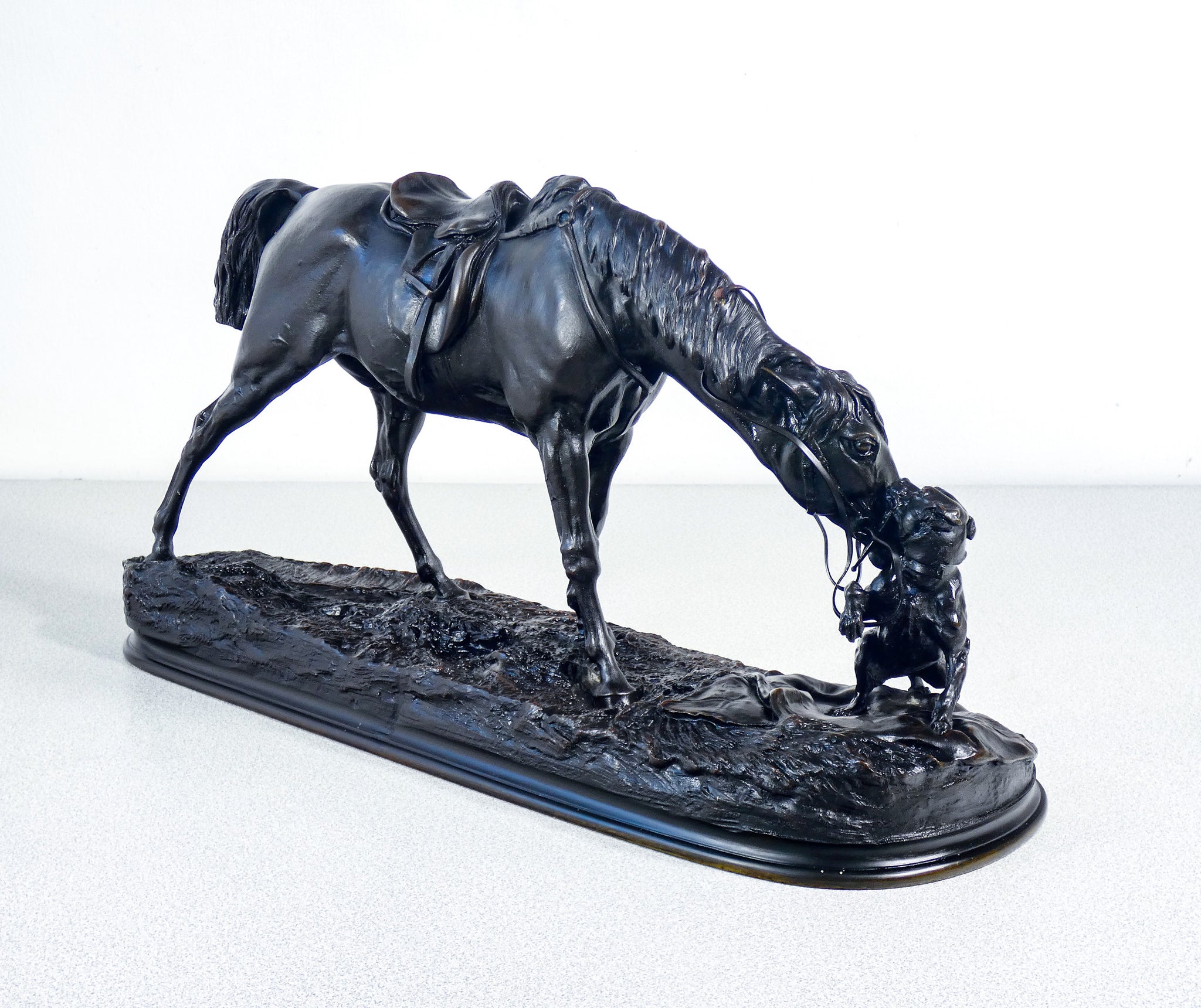 scultura bronzo pierre jules mene cavallo giumenta cane statua epoca 1800