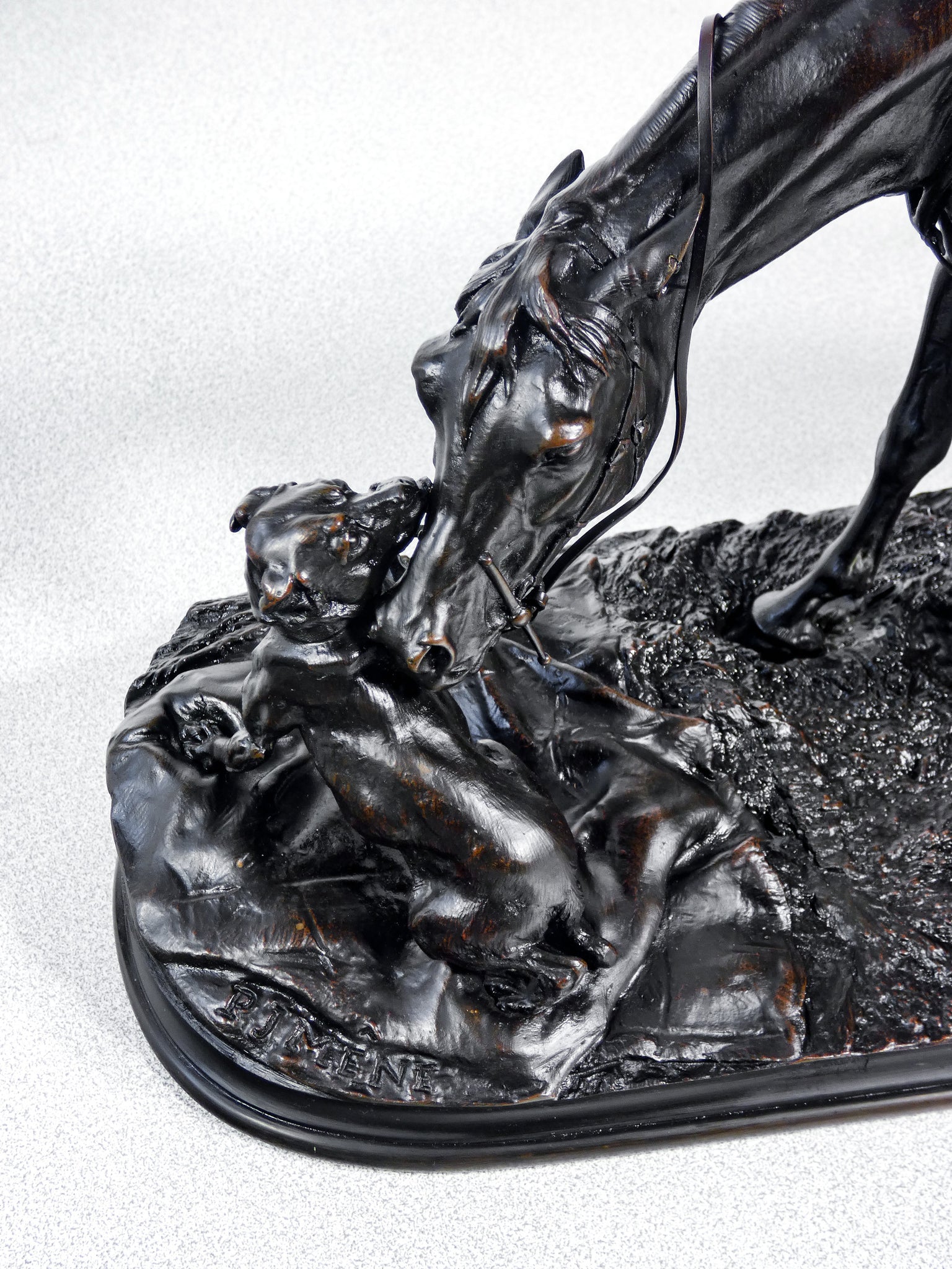 scultura bronzo pierre jules mene cavallo giumenta cane statua epoca 1800