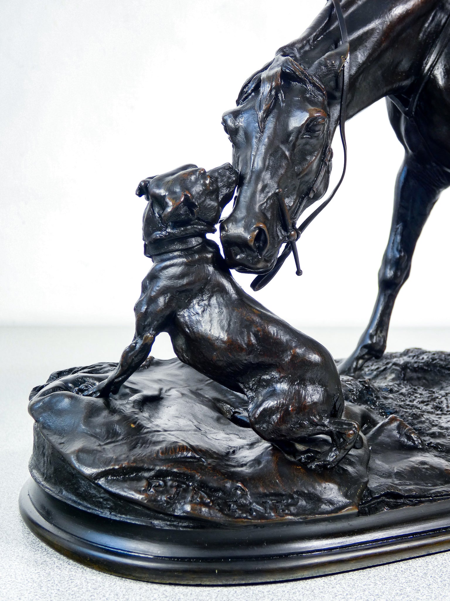 scultura bronzo pierre jules mene cavallo giumenta cane statua epoca 1800