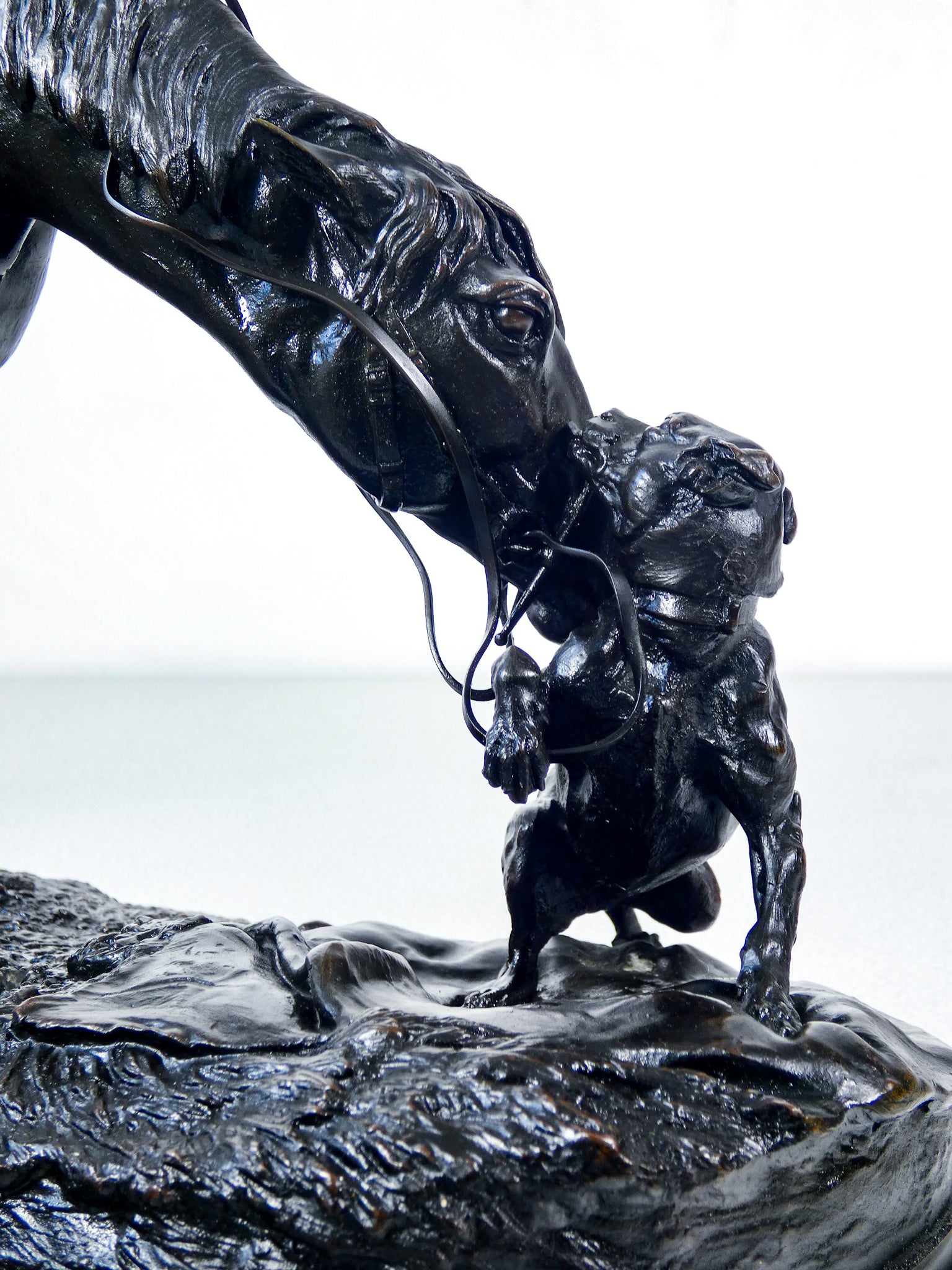 scultura bronzo pierre jules mene cavallo giumenta cane statua epoca 1800