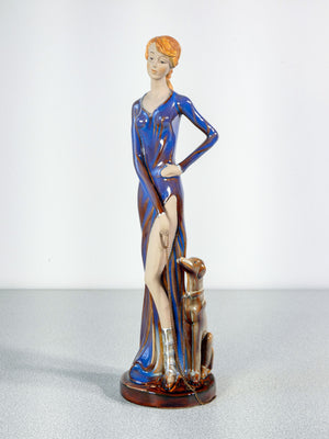 scultura donna cane levriero ceramica smalto dipinta stile art deco glamour