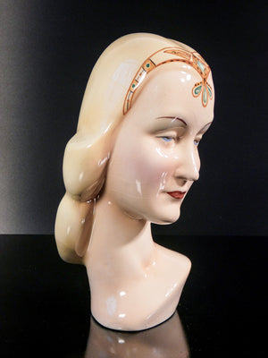 scultura porcellana antonio ronzan firmata 1940s ceramica dipinta dama busto