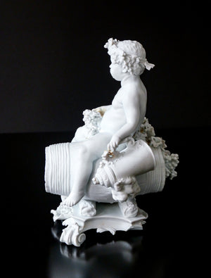 scultura putto ebbro ceramica biscuit statua botte vite vino bacco epoca