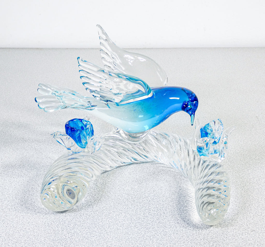 scultura vetro soffiato artistico murano uccello in volo colomba fiori blu