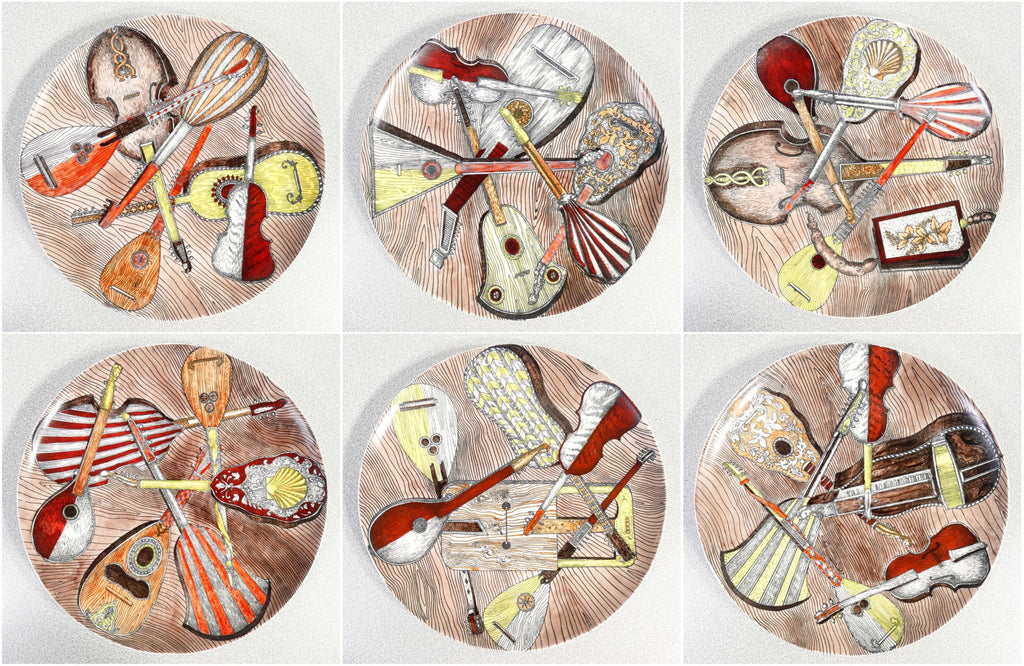 set 6 piatti design piero fornasetti strumenti musicali porcellana collezione