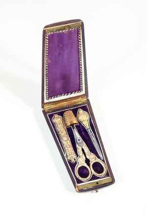 set cucito argento vermeil custodia legno intarsiato epoca 1800 sarto antico