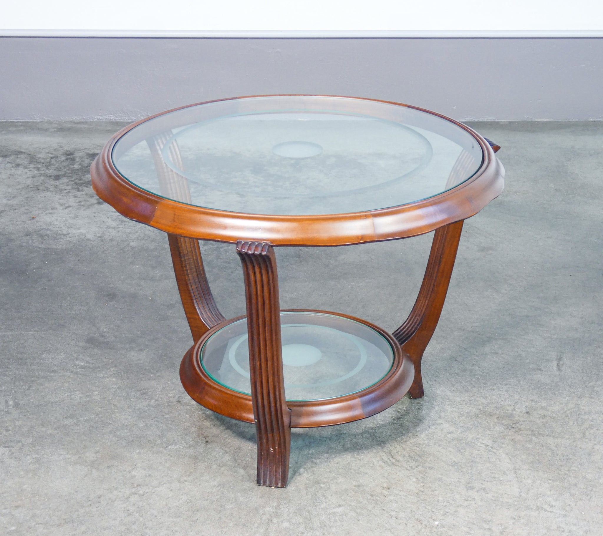 tavolino da fumo art deco design legno vetro tondo epoca 1950 coffee table