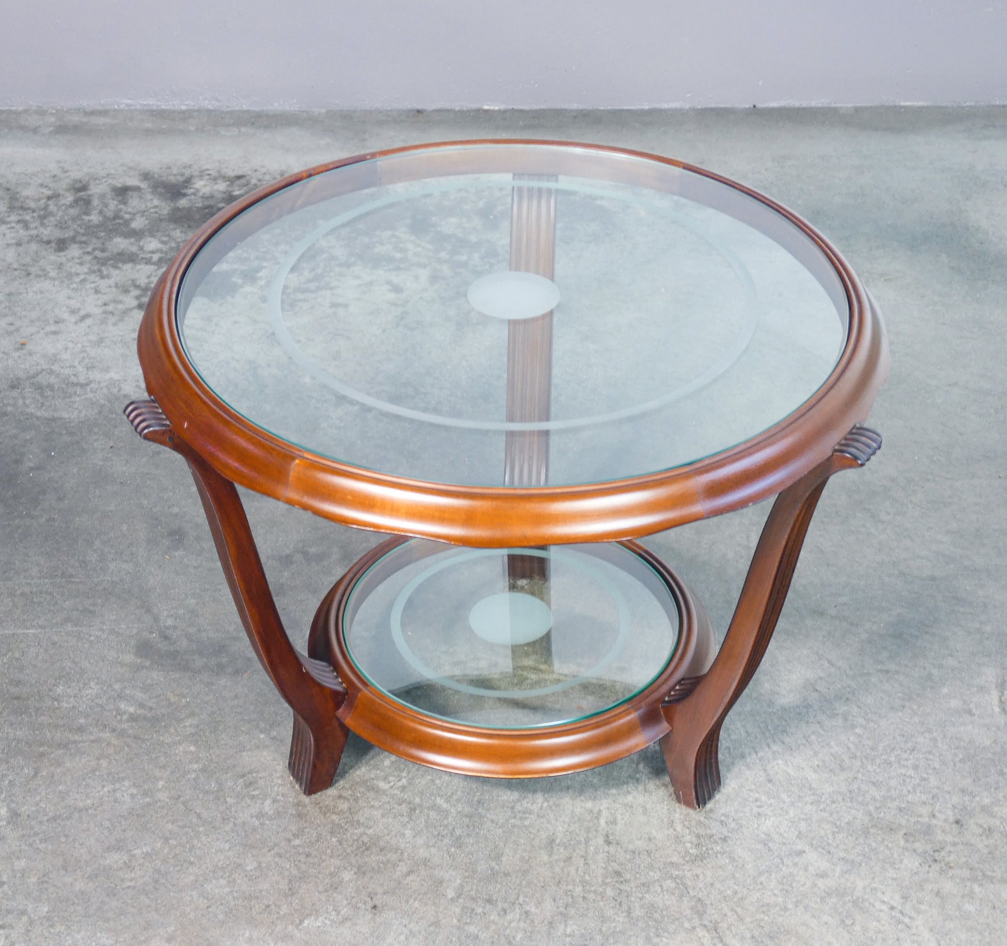 tavolino da fumo art deco design legno vetro tondo epoca 1950 coffee table