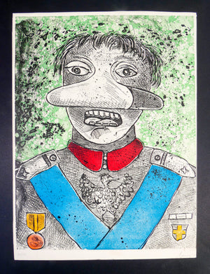 acquaforte enrico baj generale acquatinta colori firmata grafica stampa 1970s